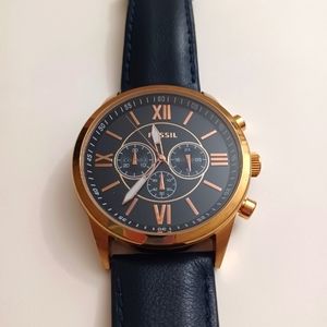 Mens Fossil Chronograph Watch Dark Blue Leather Strap - New battery!